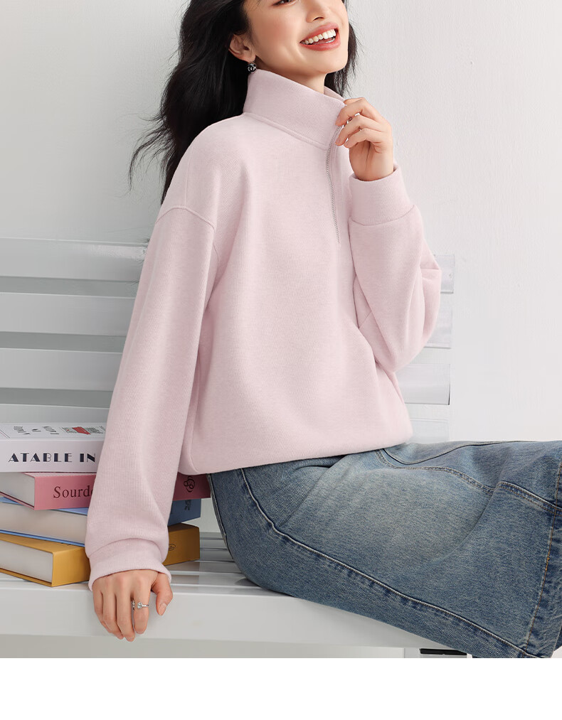 Urban Beauty Women's Polo Collar Sweatshirt Autumn 2026 New Half-Zip Casual Versatile Fleece-Lined Thickened Short Jacket for Spring and Autumn 12