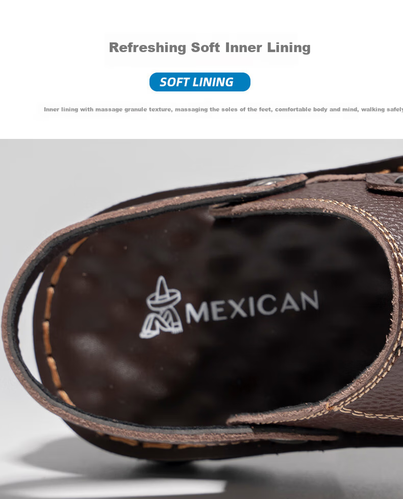 MEXICAN Top-Grain Leather Sandals for Men, Beach Shoes, Men's Slippers, Hollow-Out Casual Men's Shoes, Black, Size 44 8