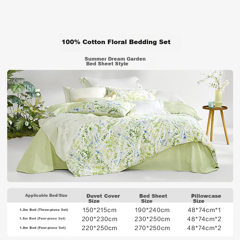 LUOLAI Home Textiles 100% Pure Cotton Bedding Set, Four Pieces, All-Cotton Duvet Cover And Bed Sheet 220*250, Gree