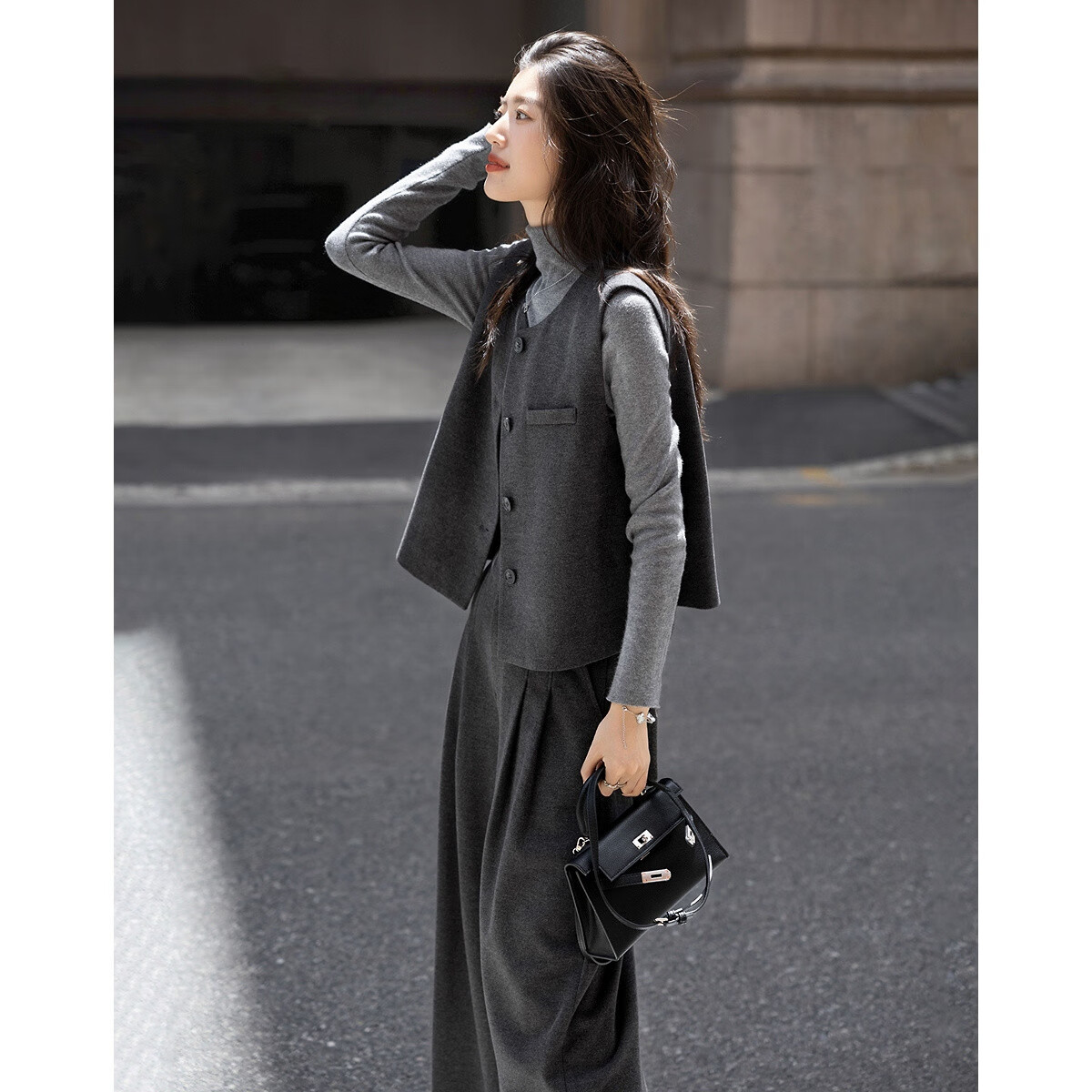 Demana [Smooth Starry Sky Wool Suit] Winter Round Neck Sleeveless Short Top Waist-Cinching Vest Wide-Leg Pants Women's Two-Piece Set