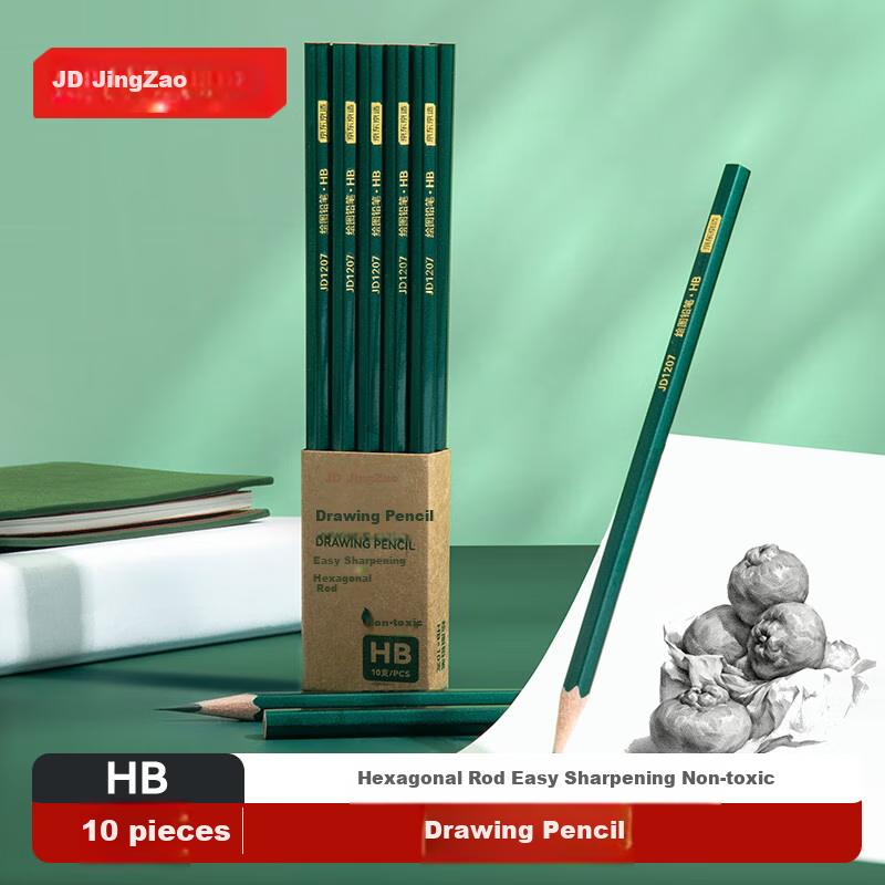 JD Original HB Green Handle Drawing Pencils, 10-Pack, Classic Hexagonal Wooden Handle Pencils, Children's Student Exam Art Drawing Sketch Writing Practice School Supplies
