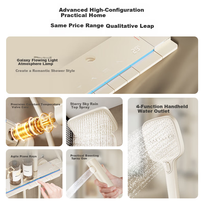 MICOE Constant Temperature Shower Set, High-Pressure Brass Shower Head with Piano Key Digital Display And Ambient Light, Cream White Shower Head Complete Set M7+Plus