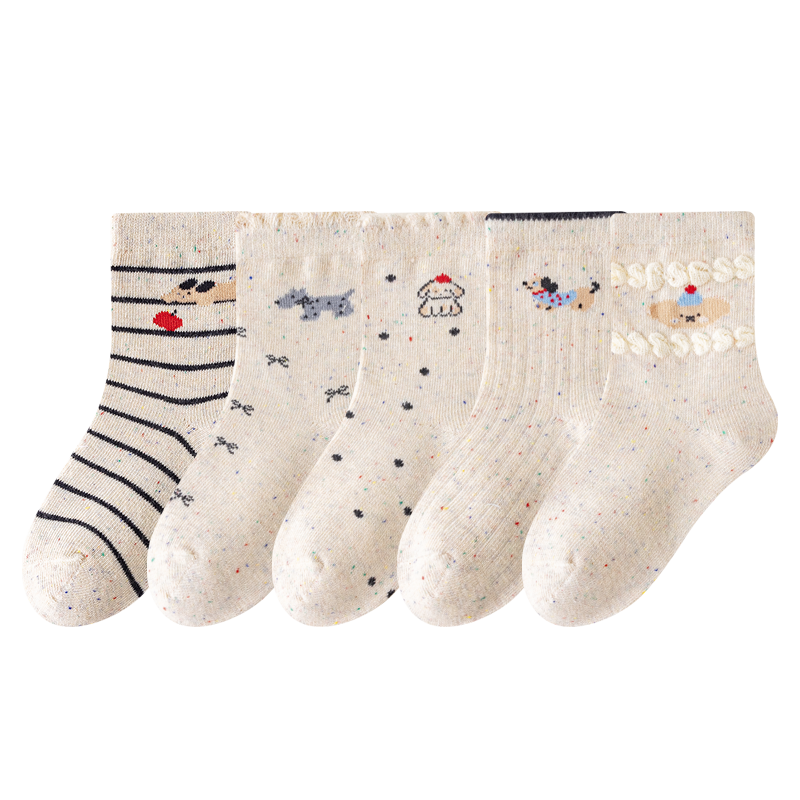 Five Cotton 5 Pairs Children's Socks Girls Spring Summer 80% Cotton Class A Mid-calf Breathable Odor-resistant Comfortable Fun Sports Socks