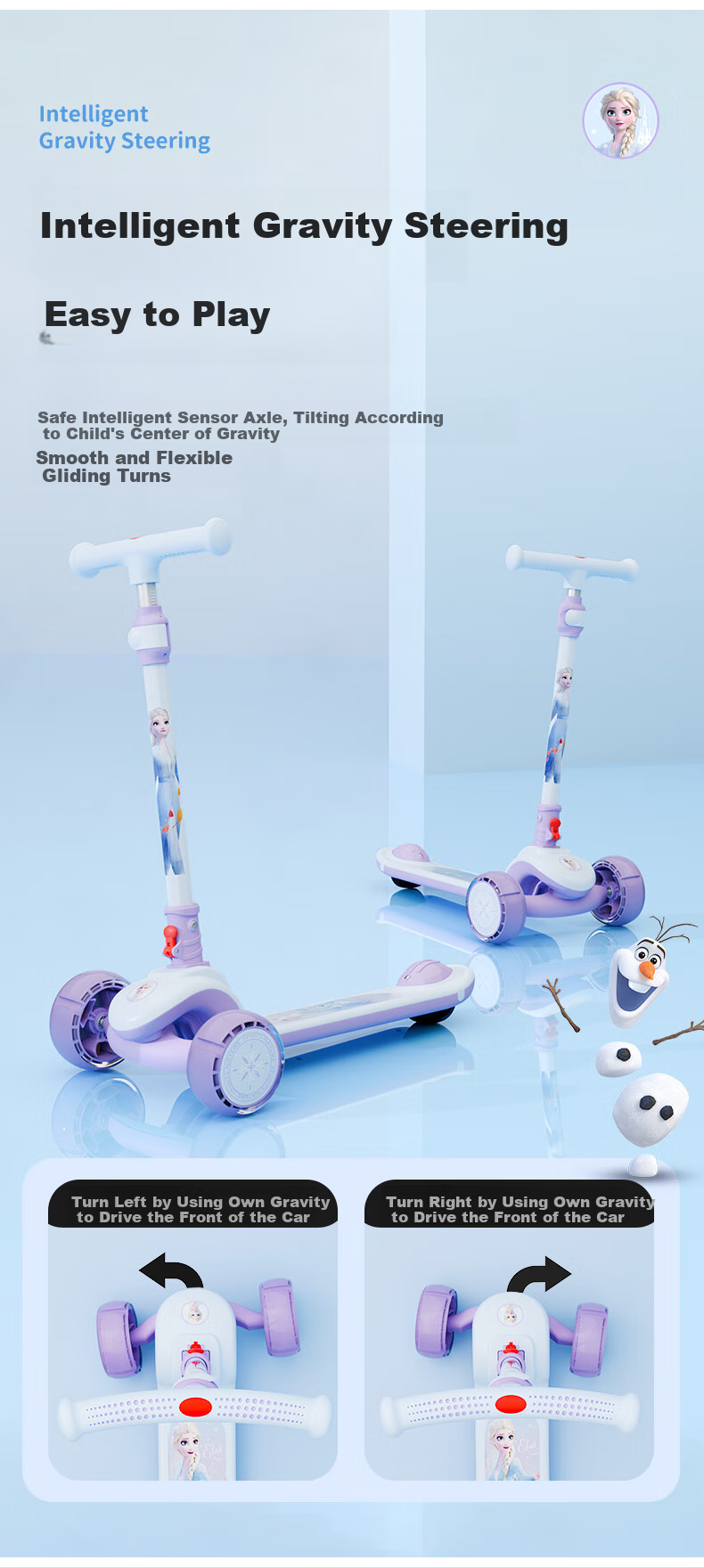 Disney Children's Scooter for Ages 3-12, Extra Wide And Spacious with Flashing Wheels, Elsa Princess Design, Adjustable Height Pedal Bike, Children's Gift 4