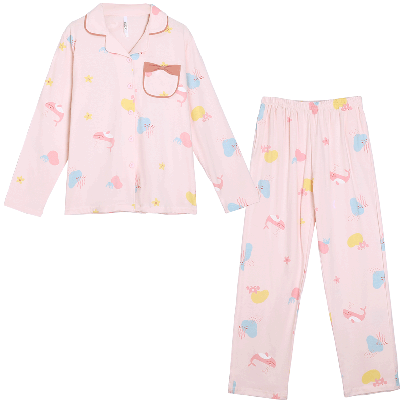 Hodohome Children's Pajamas, Girls' Class A Pure Cotton Loungewear, Cartoon All-Over Print Long-Sleeve Cardigan Set, 500 Pink, Size 130