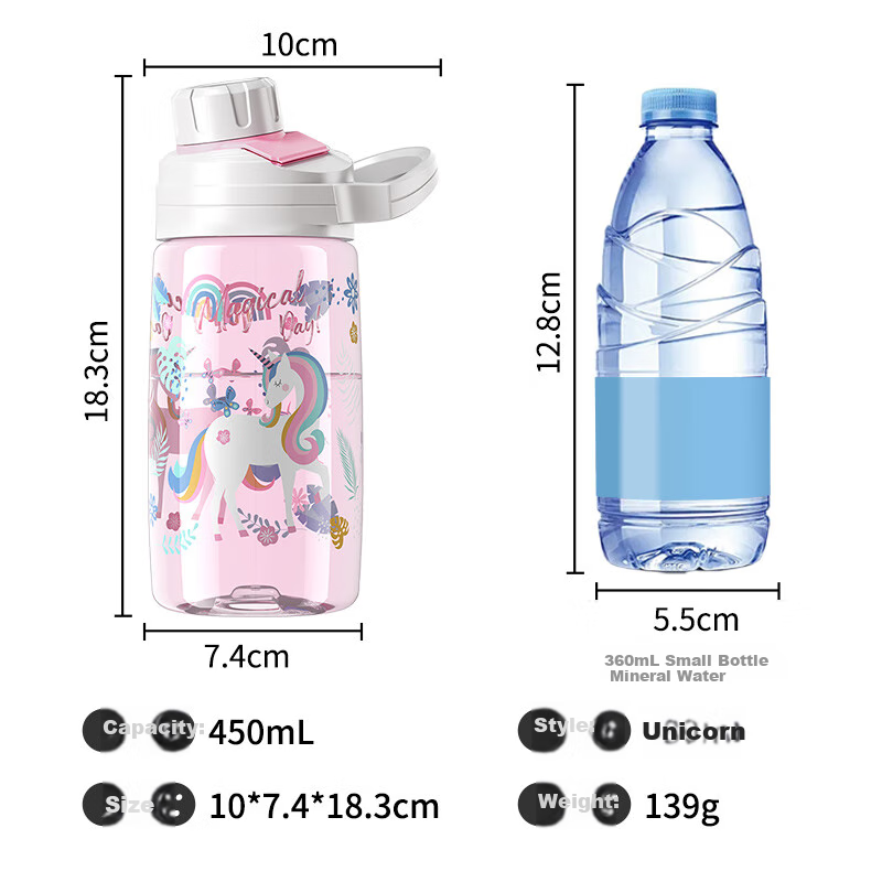 Детская бутылка для воды JEKO&JEKO 450 мл, с трубочкой, для школы и спорта, с ручкой, дизайн "Единорог"