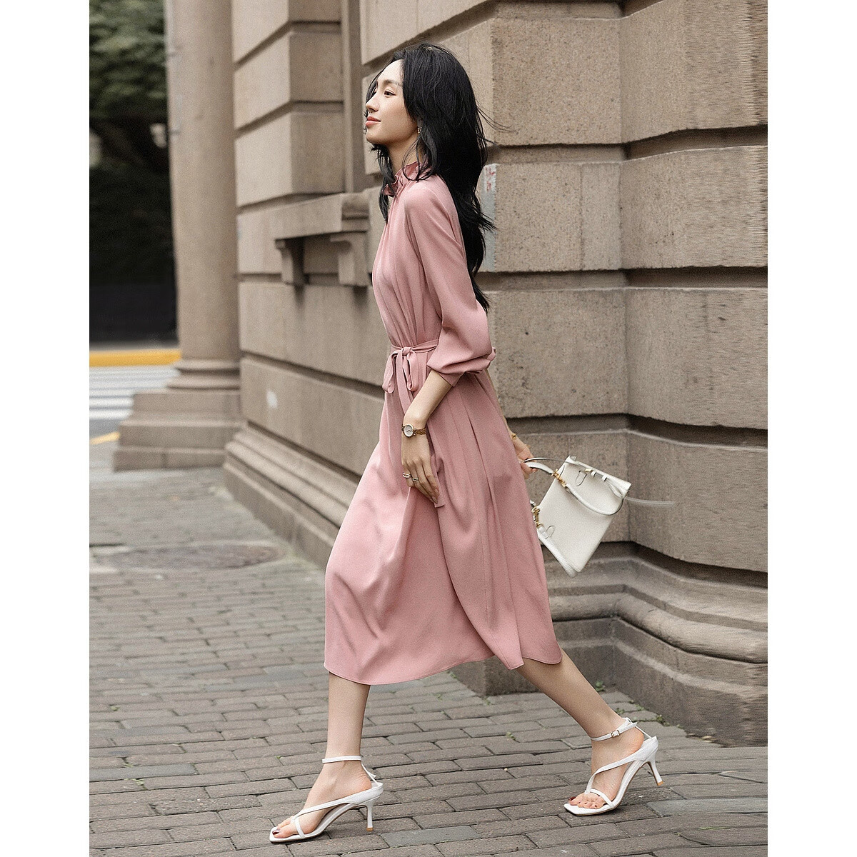 Demana Selected Airy Acetate Spring Socialite Style Comfortable Lightweight Ruffle Collar Mid-Length Women's Dress