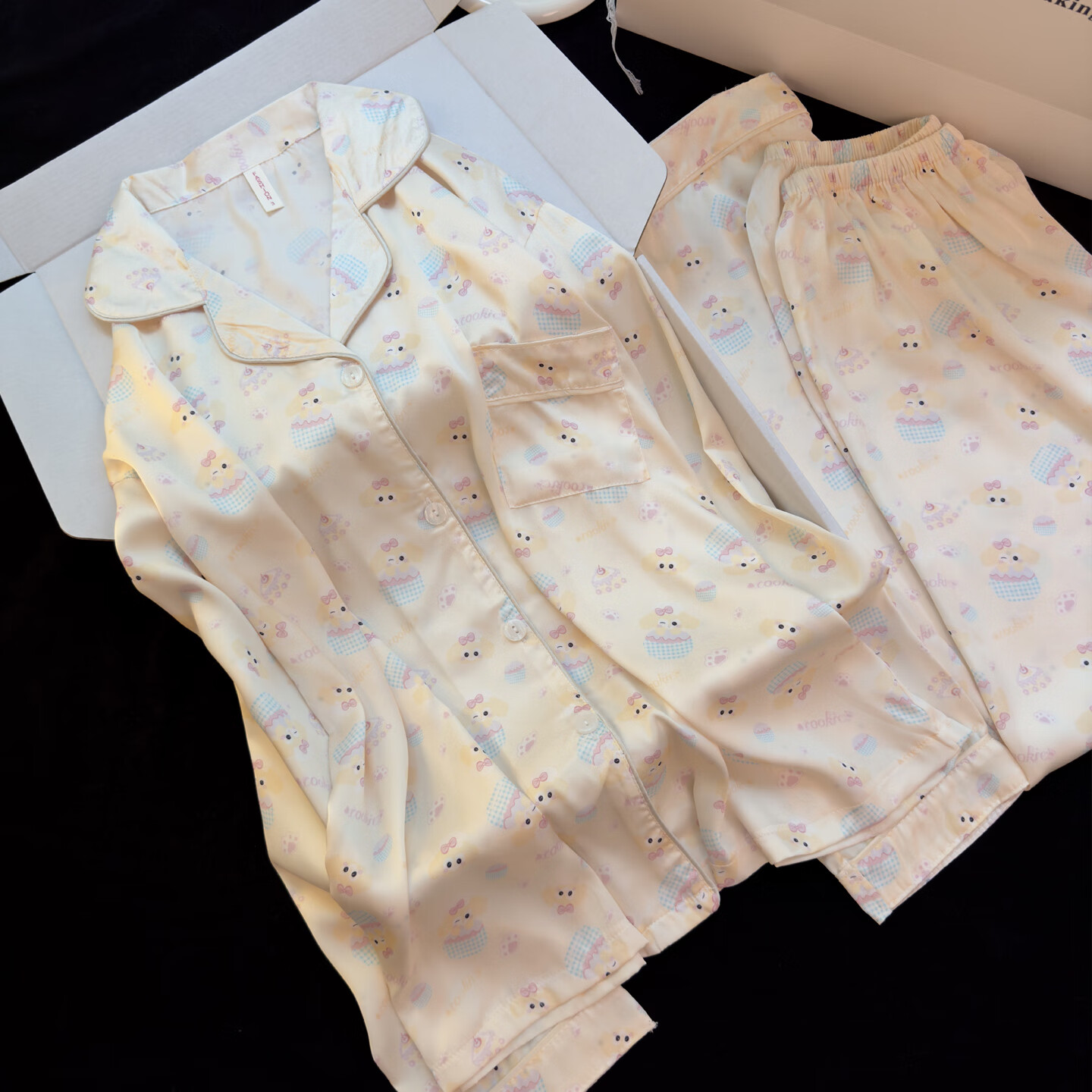 LangSha Women's Autumn Pajamas New Ice Silk Smooth Faux Silk Premium Cartoon Girl Wearable Loungewear 11