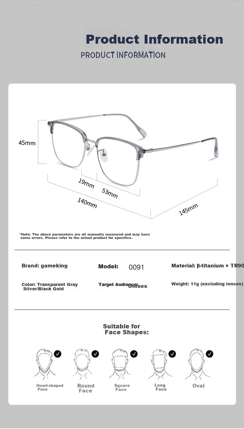 Gameking Anti-Blue Light Glasses, Anti-Radiation Eyeglass Frames for Men And Women, No Prescription, Anti-Blue Light Protection for Mobile Phones And Computers, Model 0091 Black Gold Color 10