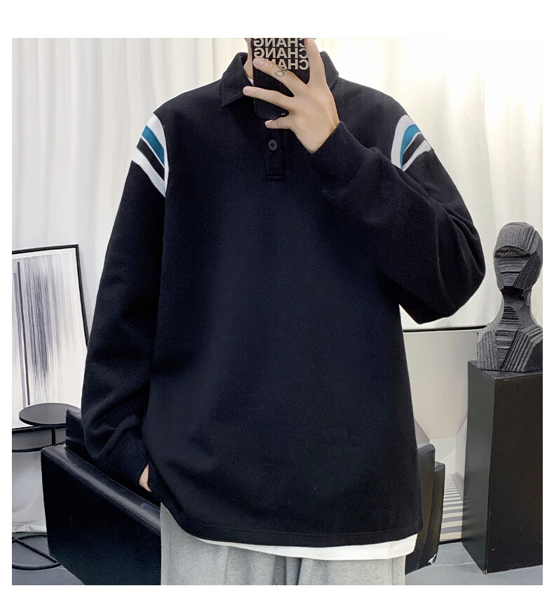 IZEXX Lapel Casual Men's Sweatshirt, Autumn Loose Long-Sleeve POLO Shirt, Versatile Trendy Top, XP13 Flax Gray, Size M 7