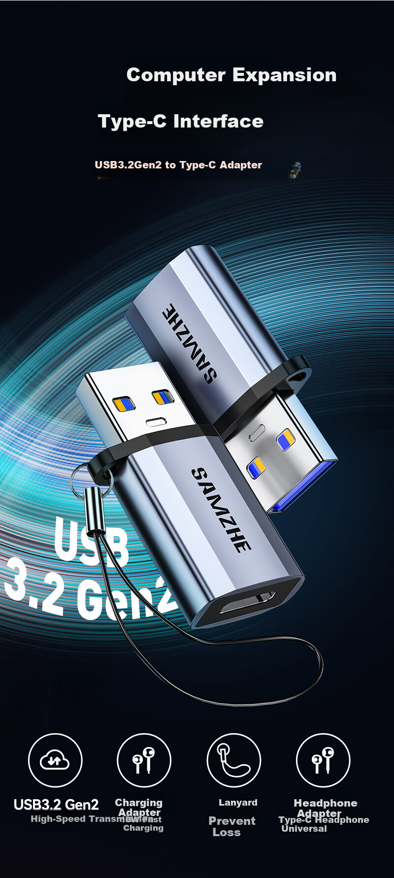 Sanze USB 3.2 Type-C Data Cable Charging Cable USB-C Transmission Cable for Hard Drive Apple 17/16/15 Huawei Phone Tablet Laptop Car Use 2m 1