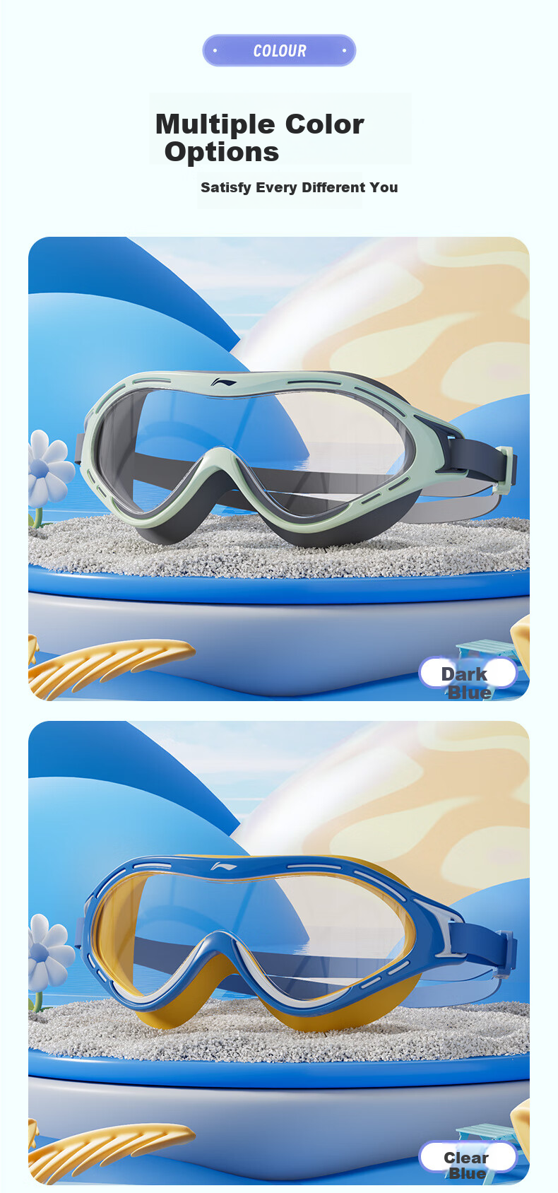 Li-Ning Children's Large Frame Swimming Goggles with Fabric Cap, Boys' Waterproof Anti-Fog Swim Glasses, High-Definition Diving Mask Set, 34-16 Nautical Blue 10