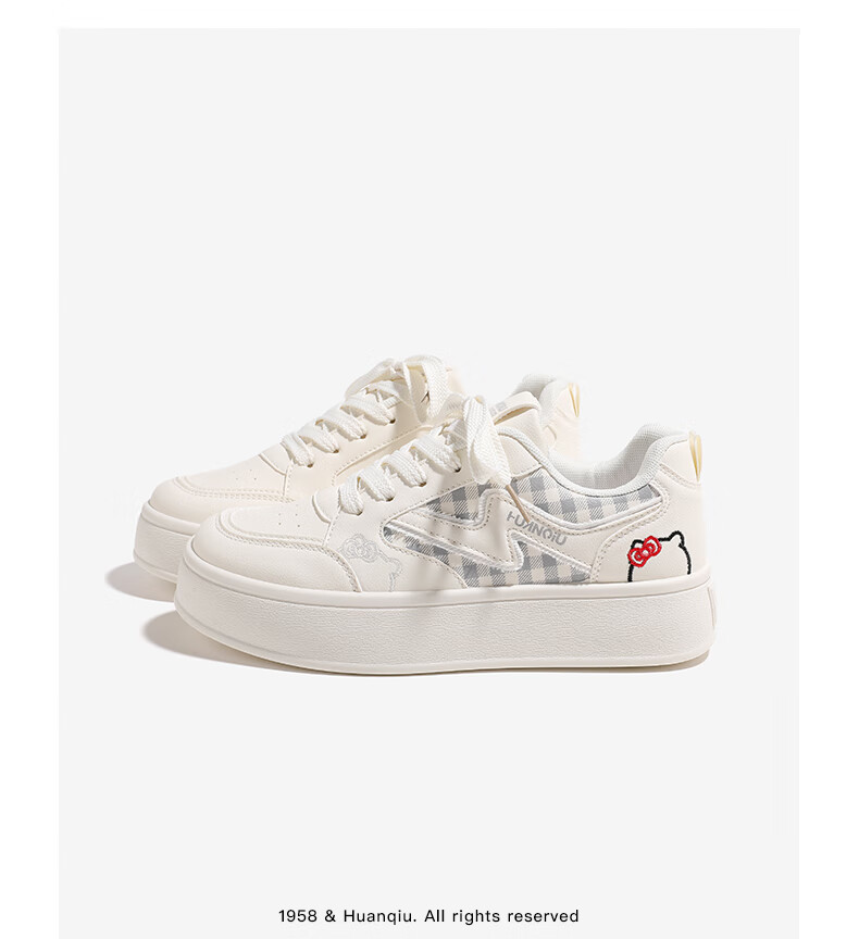 Huanqiu Thick-Soled Versatile Casual Shoes, 2025 Autumn New Style Plaid White Sneakers, Lightweight Student Skateboard Shoes for Women, Beige Blue, Size 38 7