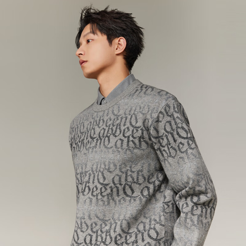 CABBEEN Multi-Yarn Woven Long Sleeve Sweater with CABBEEN Logo Vintage Pattern Winter Colorblock Knitwear