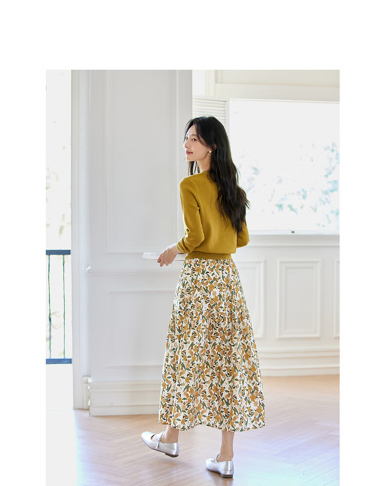 Fanximan Holiday Style Casual Set Women Autumn New Knitted Top and Skirt Two-Piece Set Apricot Base Red Floral L 13