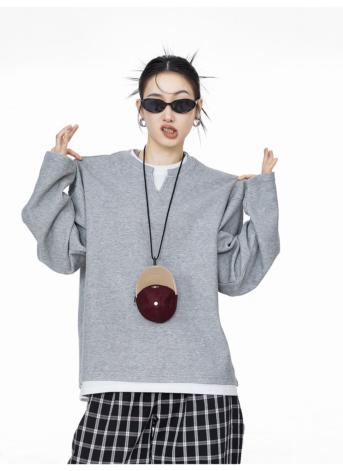 ICH MODE Women's Pullover Sweatshirt American Waffle Long Sleeve T-Shirt Autumn Winter Loose Casual Henley Neck Top Gray L 13
