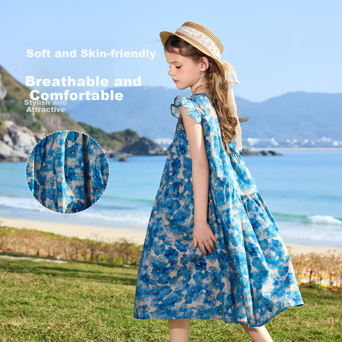 ASK JUNIOR Children's Pure Cotton Dress, Summer Short-Sleeved Dress, Floral Pattern with Ruffle Trim, Girls' Princess Dress 1