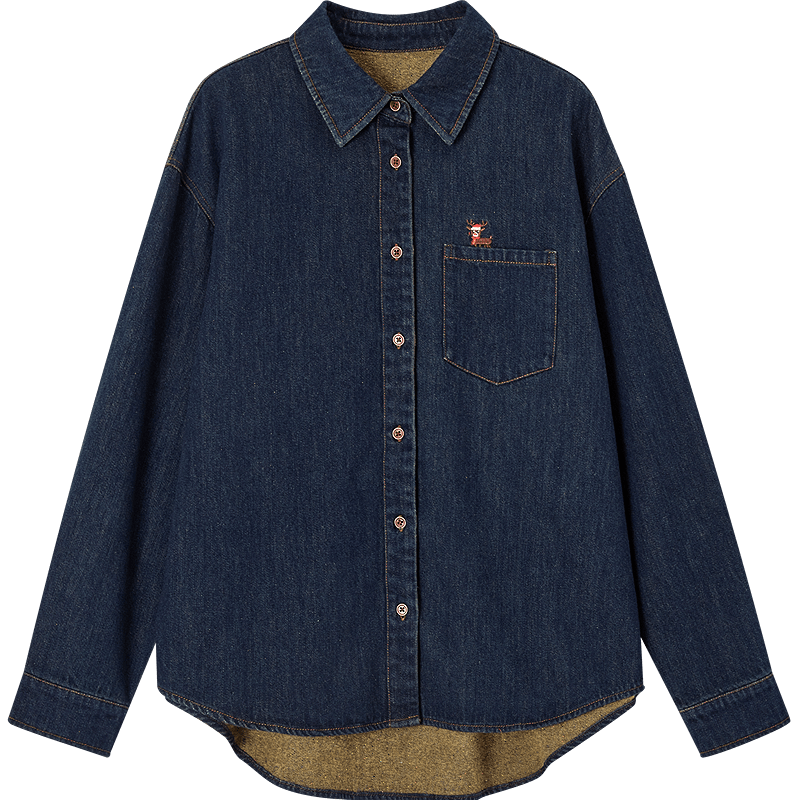 Demana [Warm Brushed Cloud Cotton] Winter Lapel Denim Shirt with Deer Embroidered Pocket Loose Fit Women's Top