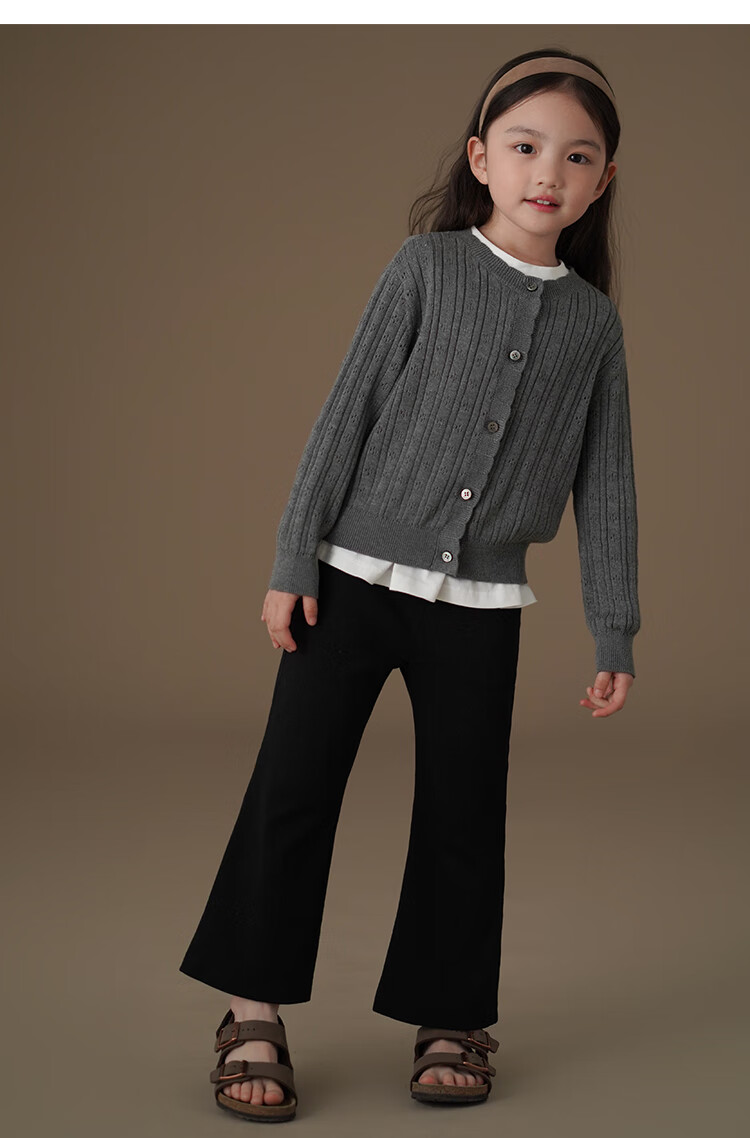 Hacikis Kids Spring and Autumn Knitted Cardigan Simple High-End Feel Skin-Friendly Girls' Mid to Big Kids Gray 160 6