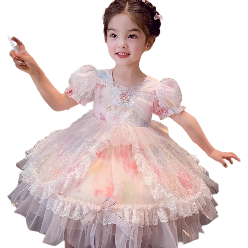 Anneyol Girls' Princess Dress Summer Outfit Stylish Children's Lolita Tulle Dress with Puff Sleeves, Pink, Size 160