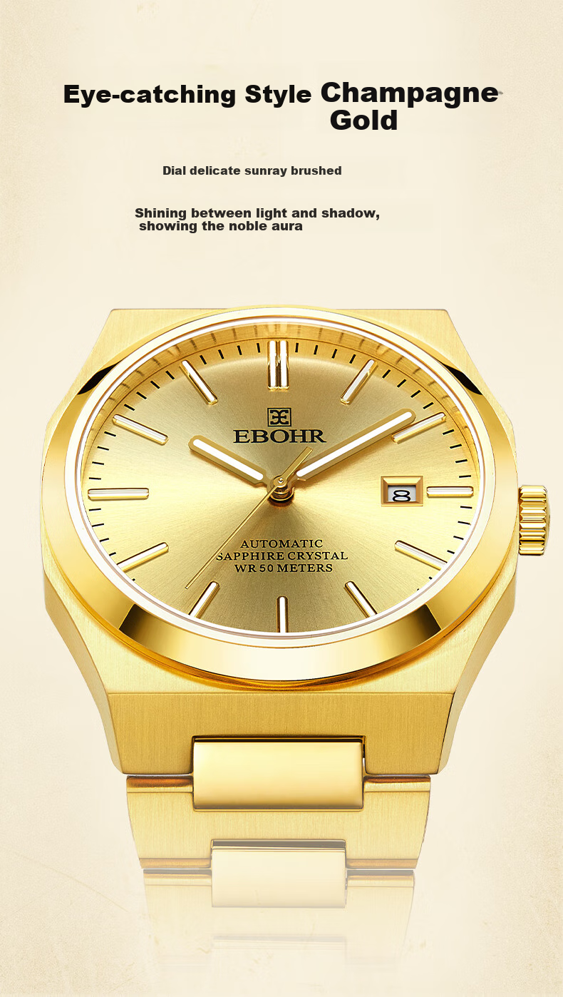 EBOHR Men's Master Series Gold Automatic Mechanical Wristwatch, Birthday And Holiday Gift, 51845918 8