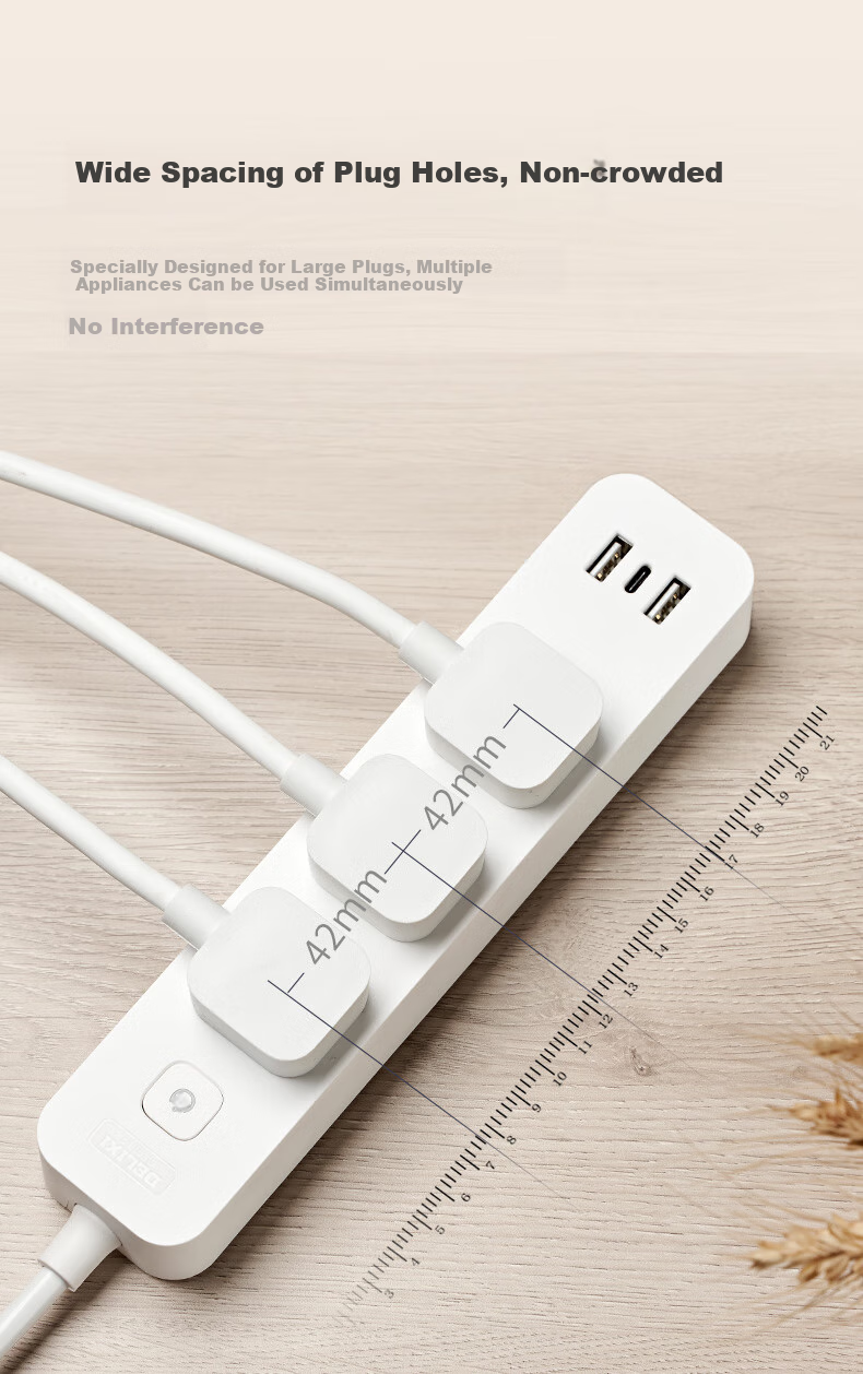 Delixi GaN 30W Desktop Charging Station Fast Charge Power Strip USB Extension Board Student Dormitory Home Portable Power Strip 2A2C+3 Combo Sockets 1.5m Cable with Master Switch 6