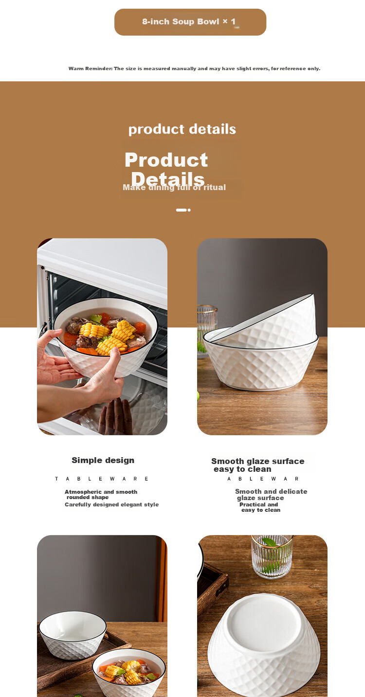 Jieyajie Ceramic Soup Bowl, Large Size for Home Use, White Porcelain, Large Noodle Bowl, Chinese-Style Underglaze Color, 8-Inch, Large Capacity, Salad Bowl 2