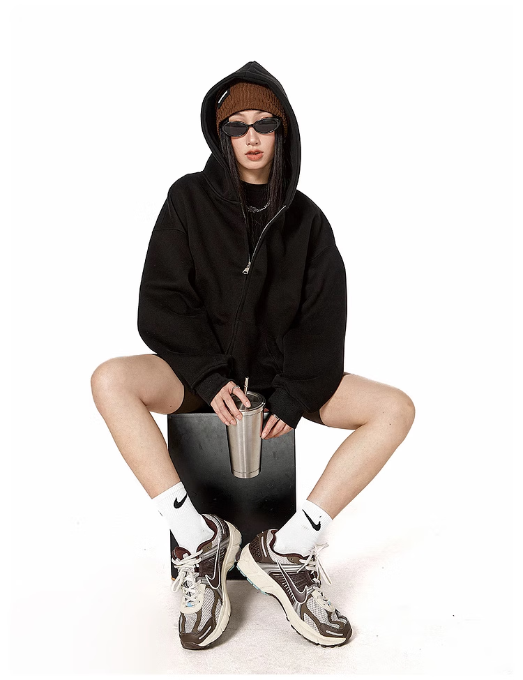 ICH MODE Fleece-Lined American Style Hoodie Jacket Women Autumn Winter Loose Fit Double Zipper Cardigan Lazy Long Sleeve Coat Black L 18