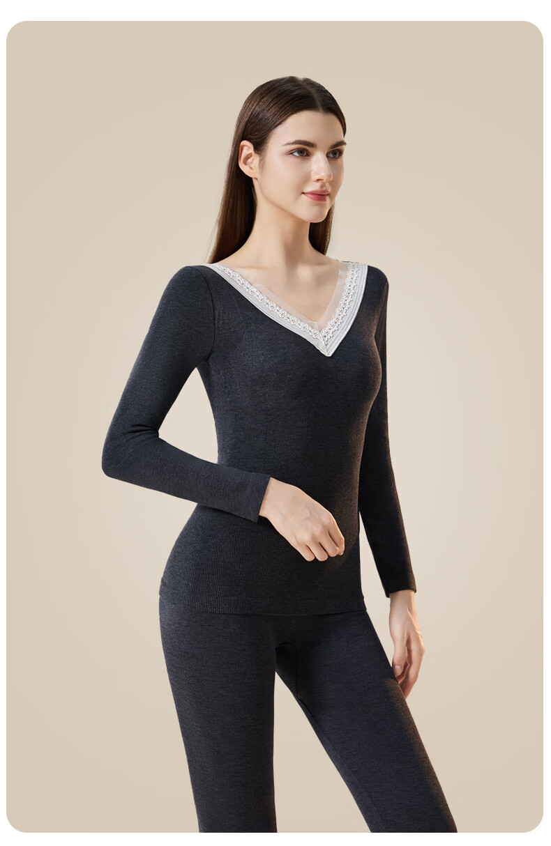 GUJIN Women's Thermal Underwear Set Wool V-Neck Slim Fit Base Layer Autumn Top and Bottom Without Bra 11
