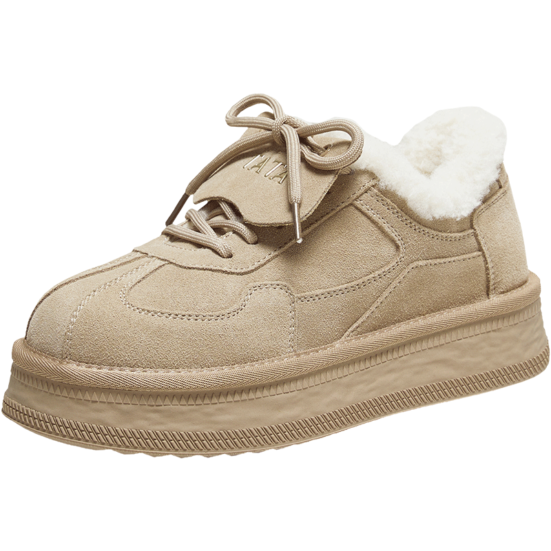 TATA Winter Snow Boots 25 Thick Sole Trainer Warm Cotton Shoes Sports Fleece Lined Apricot Gray (Faux Wool) Size 36