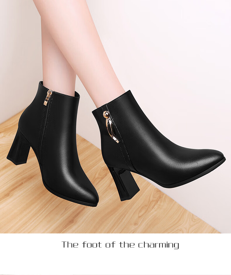 FUGUINIAO Genuine Leather Cowhide Fashion Boots Women Autumn Winter Fleece Lined Warm Short Boots Round Toe Chunky Heel Slim Boots Black Size 37 8
