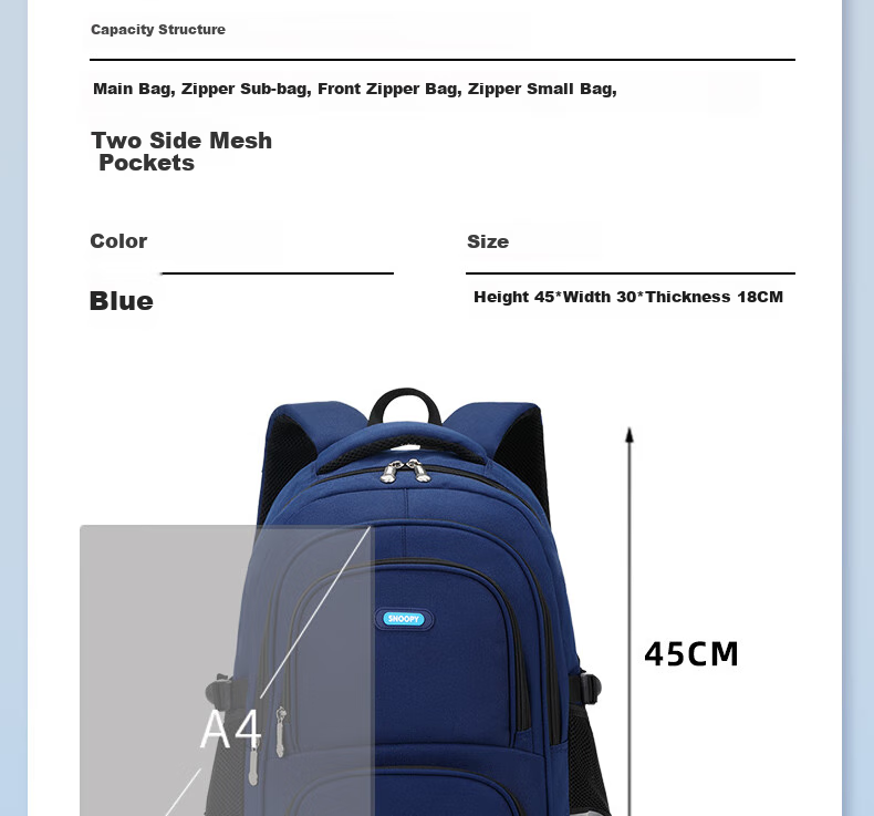SNOOPY Middle School Backpack for Boys And Girls, Elementary School Grades 1-4 Large Capacity Children's Lightweight Spine-Protecting Backpack, Blue 12
