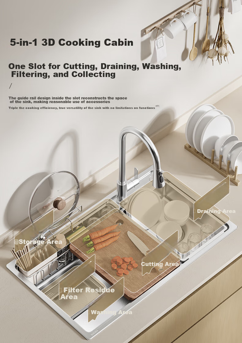ARROW Kitchen Sink, Large Single Basin, Japanese-Style 304 Stainless Steel Dishwashing And Vegetable Washing Sink, Integrated Basi 7
