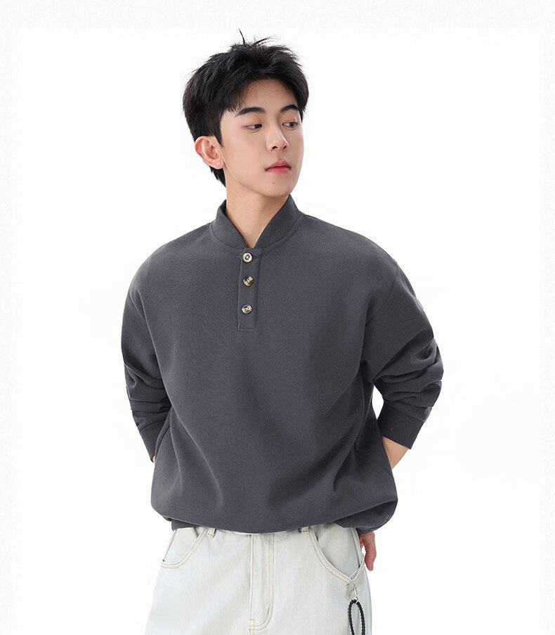 Homlean Heavyweight Henry Collar Solid Color Sweatshirt Men Autumn Fashion Casual Loose Base Shirt HQ00 Black 4XL 16