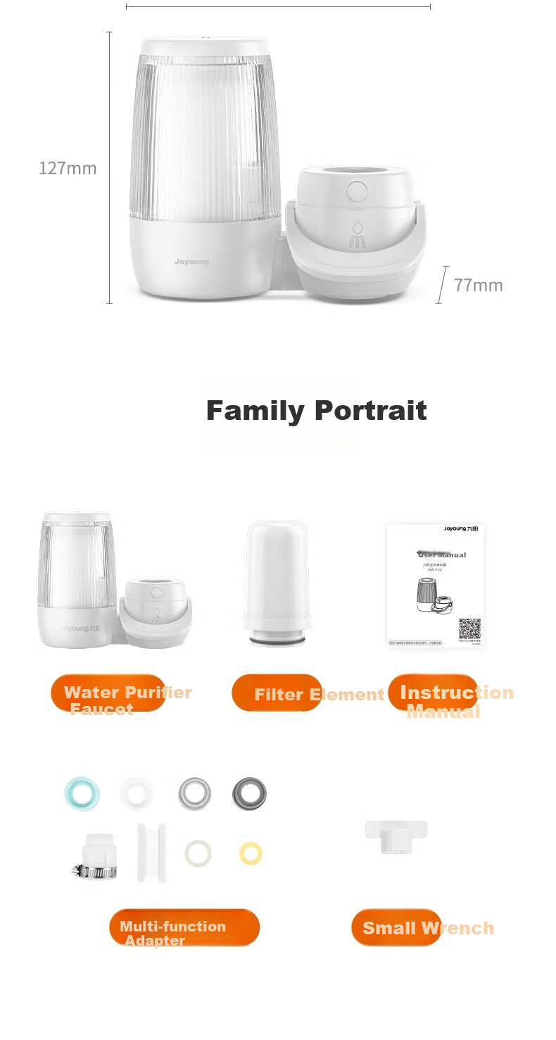 Joyoung Faucet Water Purifier, Removes Residual Chlorine, Dual Outlet, One Machine with Four Cartridges, Transparent Window, Thickened Filter Cartridge T26 10