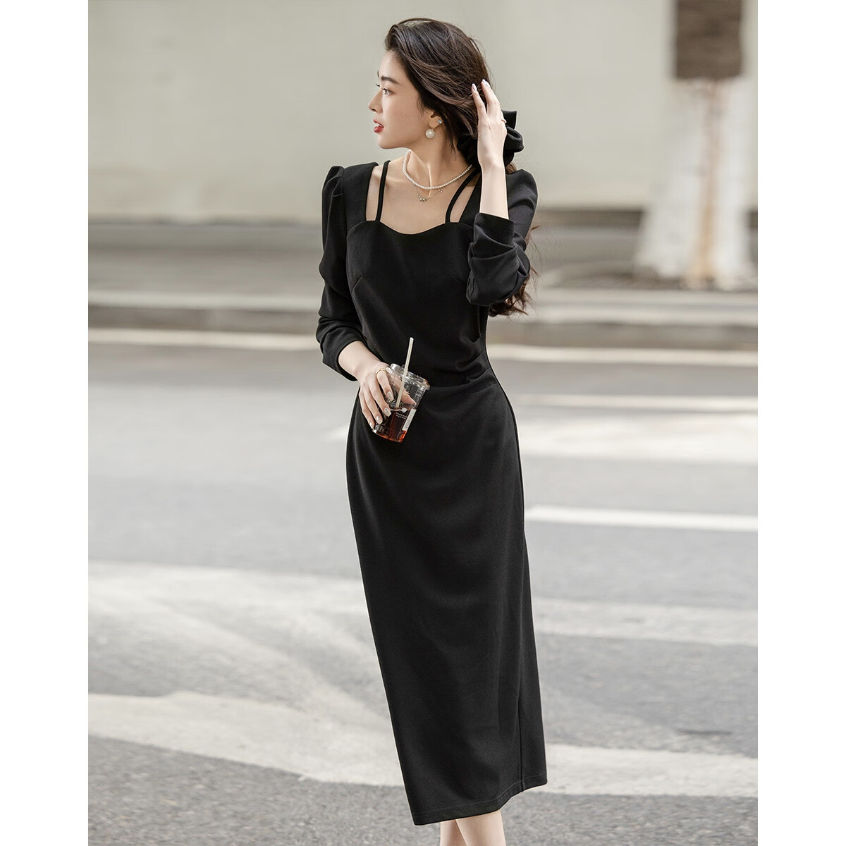 Demana Pure Desire Strap Design Spring Autumn French Style Square V Neck Waist Slimming Little Black Dress Knitted Twisted Linen Dress for Women
