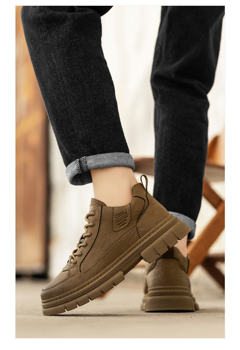 Bull Family Men's Autumn Winter New British Style Martin Boots Fashion Trendy Work Boots Thick Sole Wear-Resistant Motorcycle Boots 19