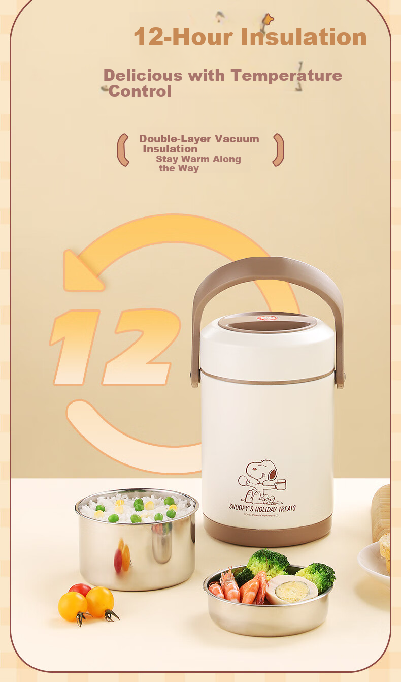 SNOOPY Insulated Lunch Box with Handle, 2L Large Capacity, for Office Workers And Students, Multi-Layer Portable Stainless Steel Thermos (With Thermal Bag) 4