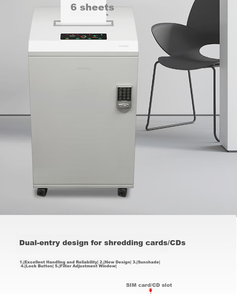 Lenovo LX-C8115 Paper Shredder, 15 Sheets Per Pass, Security Level 4, Can Shred Documents/ Staples/credit Cards/discs, 20 Minutes, Three-Entry Desig 3