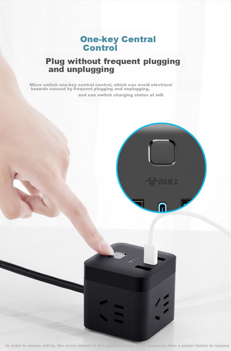 BULL 20W PD Apple Fast Charging Cube Power Strip/Extension Cord/Surge Protector/Desktop Charging Station, Type-C+USB+3 Outlets, 3 Meters Long, Black, GNV-UU2203H, Master Switch 10