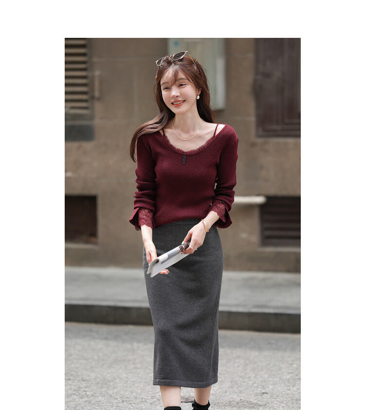 MT Slim Fit Short Wool Blend Lace Splice U-Neck Knit Sweater for Women - Autumn Collection 8