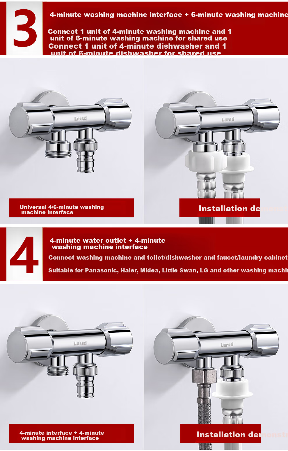 Larsd Dual-Purpose Angle Valve, One Inlet Two Outlets, Triangular Valve, One to Two, Figure-Eight Valve, with 4/6 Points Washing Machine Interface LD10217 8