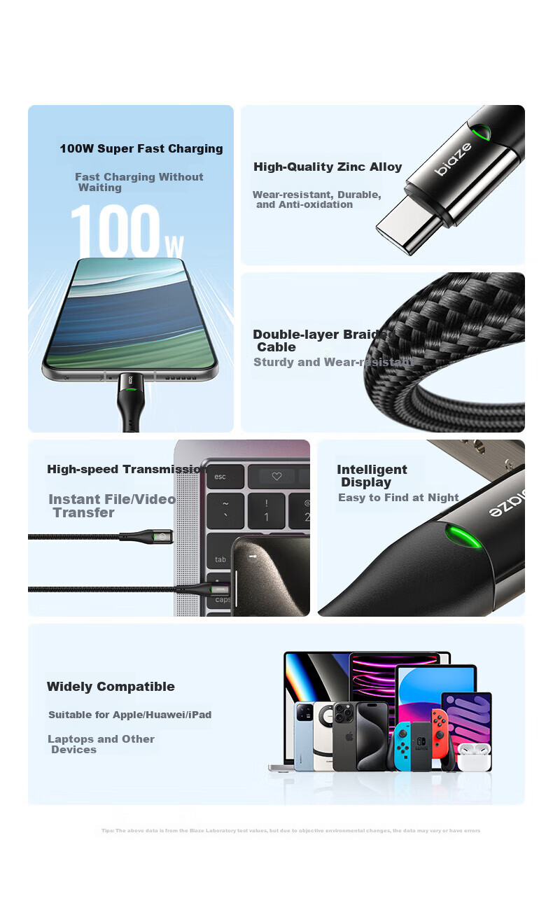 BIAZE Type-C Data Cable, USB-C Charging Cord, 100W Super Fast Charging, Suitable for Huawei Pura90/80/Mate70, Honor, OPPO, Xiaomi, Android Phones And Tablets, 1.5 Meters 1