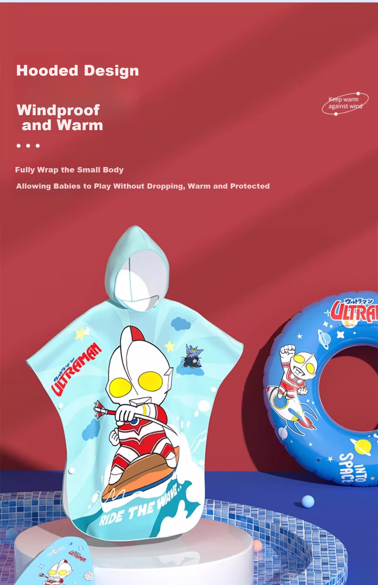 F.DYRAA & Classic Ultraman Children's Bath Towel, Absorbent Cute Cape Hat, Portable Swimming Gear, 92310 As Blue 6