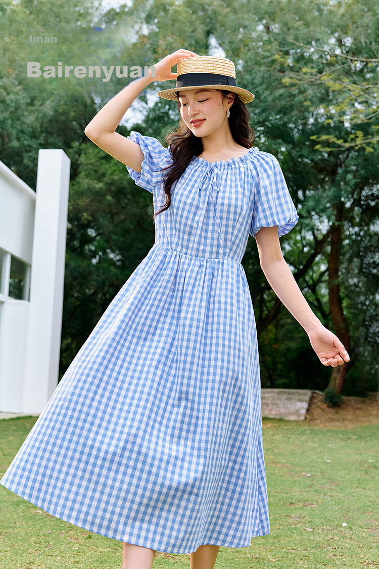 INMAN French Plaid Dress Summer Women's Versatile Puff Sleeve A-Line Skirt Navy Blue S 22