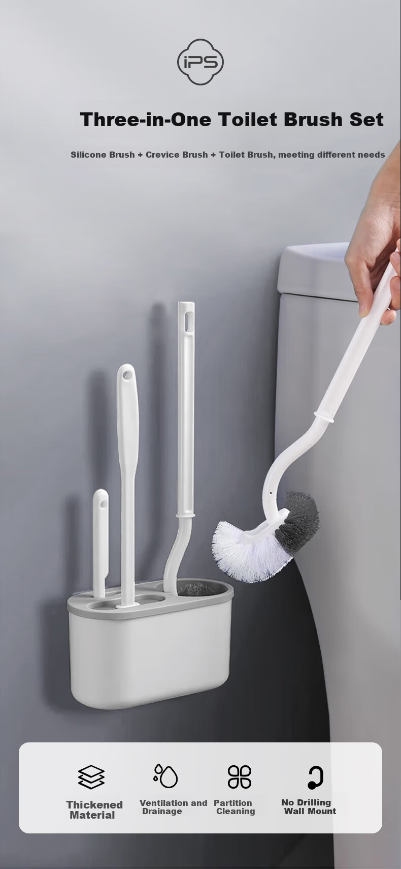 Baoshi Suction Cup Toilet Brush Set, Bathroom Cleaning Brush, Toilet Cleaner without Dead Angles, Extended Handle with Storage Space 1