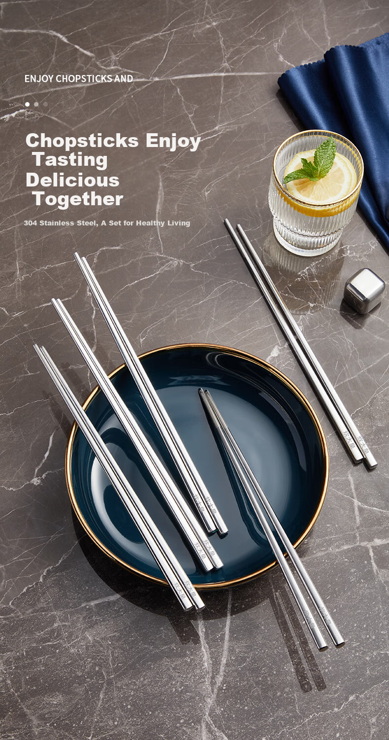 COOKER KING 304 Stainless Steel Chopsticks, Non-Slip Square Chopsticks for Home Use, Hotel-Grade Extended Length, 10 Pairs Set, Dishwasher Safe 1
