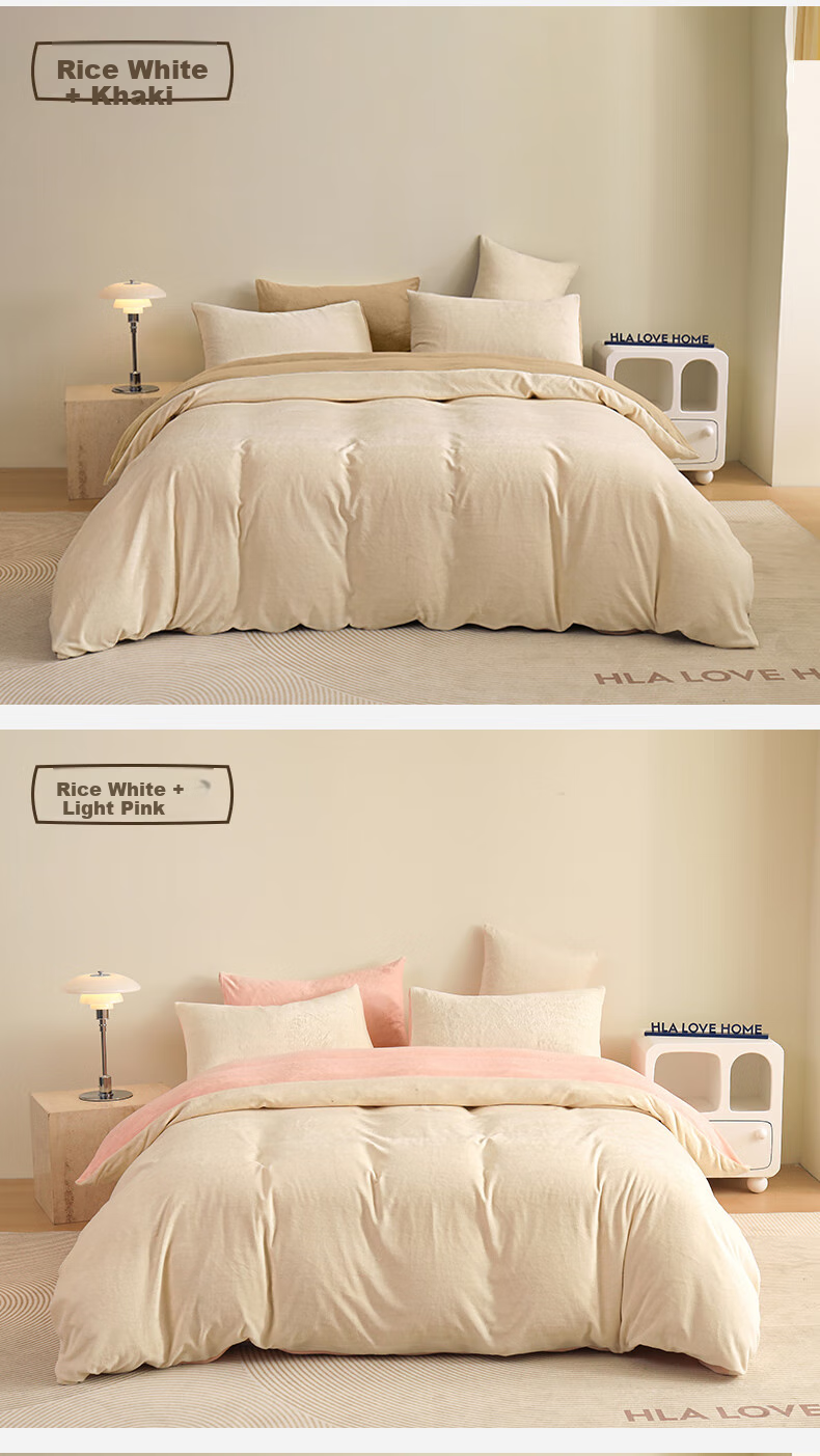 HLA A-Class 7A Antibacterial Milk Velvet 4-Piece Bedding Set Winter Thickened Coral Fleece Double-Sided Plush Double Bed Sheet and Duvet Cover Set 10