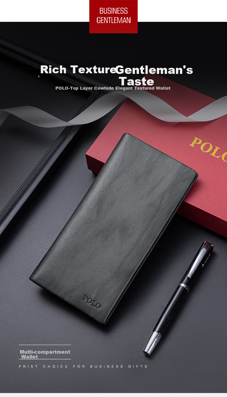 POLO Wallet for Men, Top-Grain Leather Business Card Holder, Simple Coin Purse, Long Wallet with Gift Box, Birthday Present 1