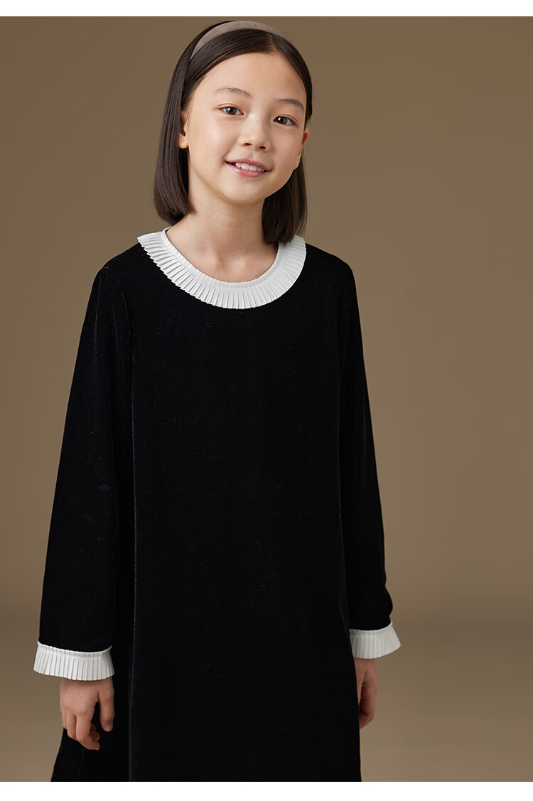 Hacikis Kids Autumn Winter French Hepburn Style Children's Lace Velvet Girls Long Sleeve Dress Thick Mousse Black 160 12
